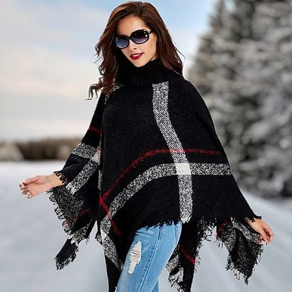 Black Plaid Turtle Neck Sweater Poncho - Picture 3 of 5